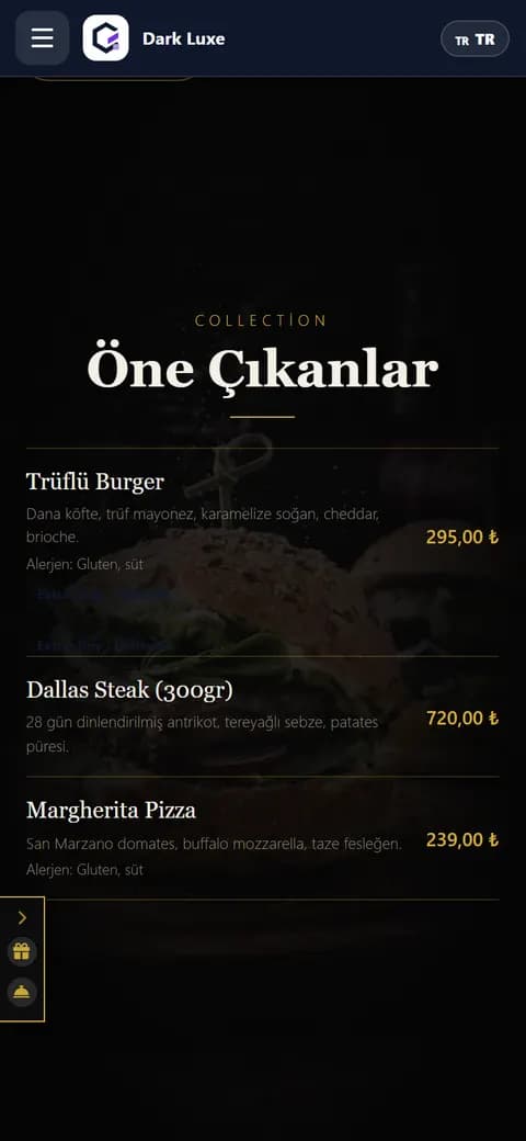Dark Luxe QR menü teması — telefon görünümü