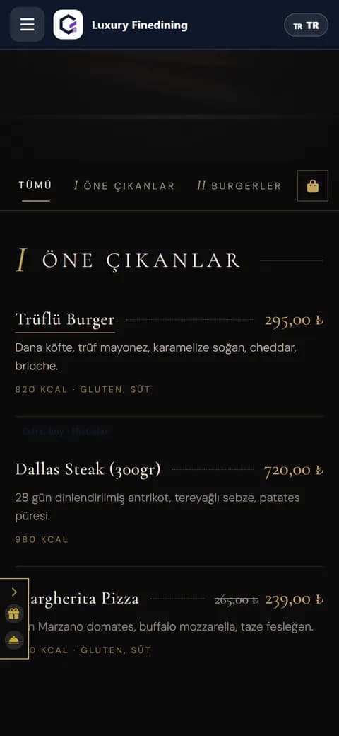 Luxury Fine Dining QR menü teması — telefon görünümü