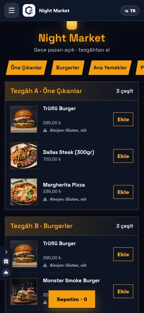 Night Market QR menü teması — telefon görünümü