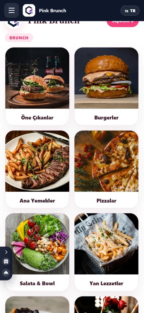 Pink Brunch QR menü teması — telefon görünümü