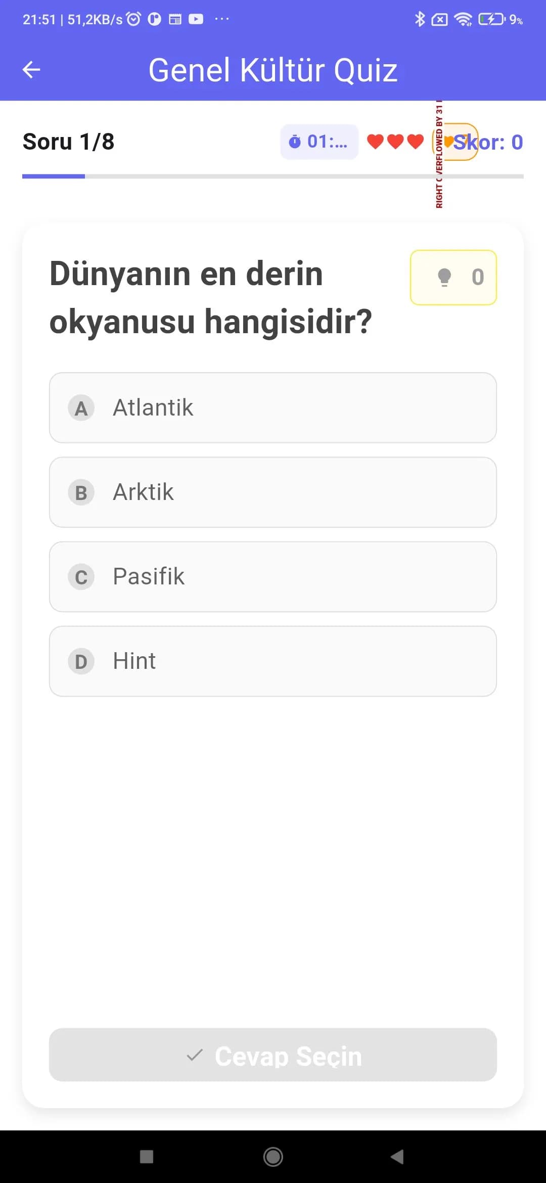 SmartTrivia genel kültür quiz sorusu ve cevap seçenekleri ekranı