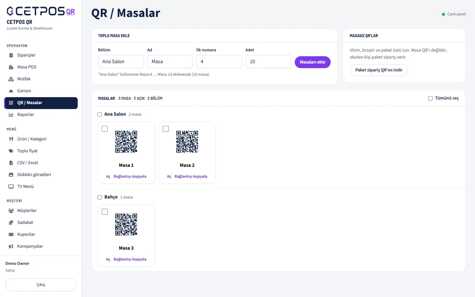 Toplu masa ekleme ve QR kod indirme ekranı